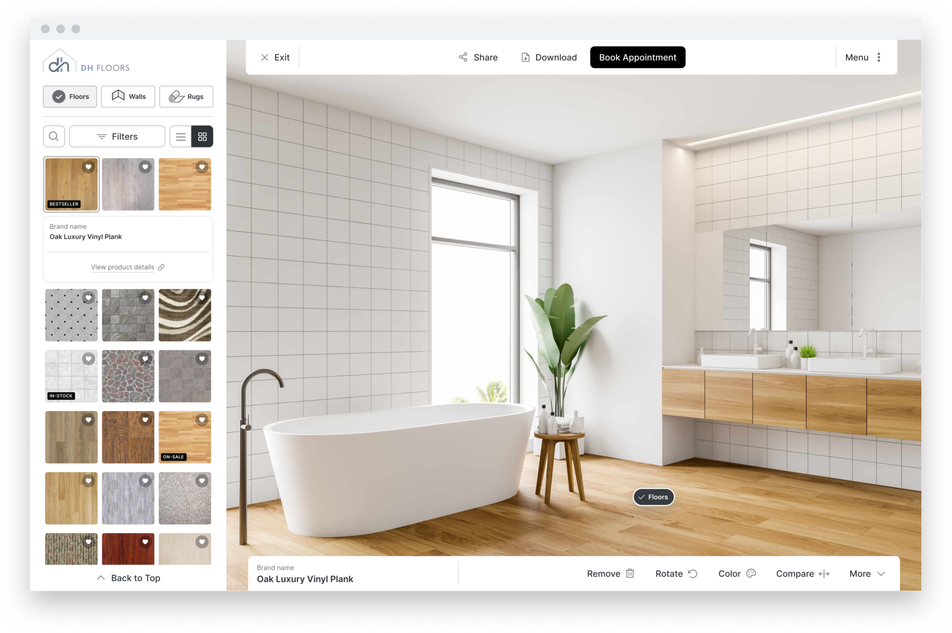 DH Floors room visualizer showing a bathroom with oak luxury vinyl plank flooring