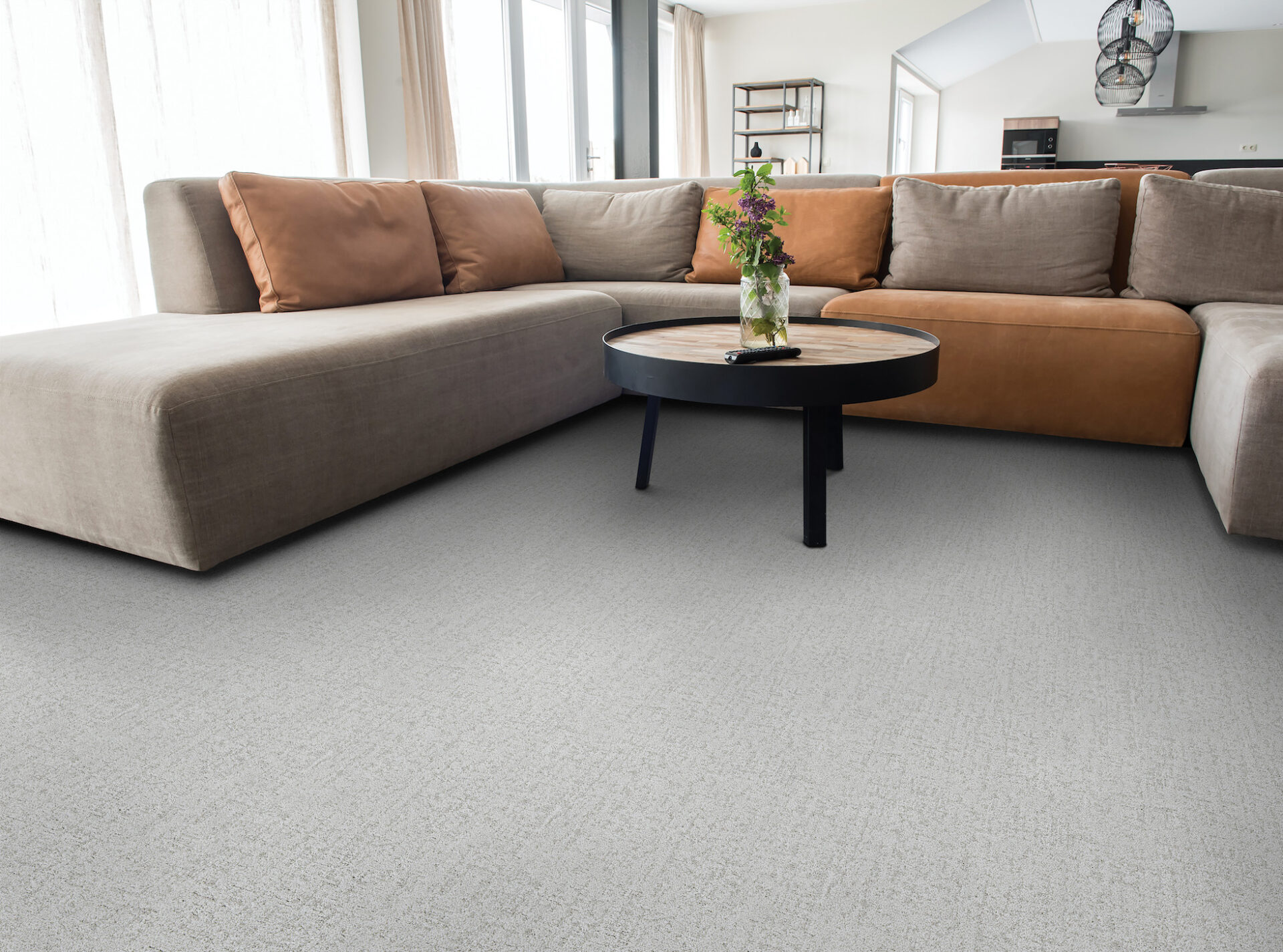 Living room with a sectional sofa on durable loop carpet