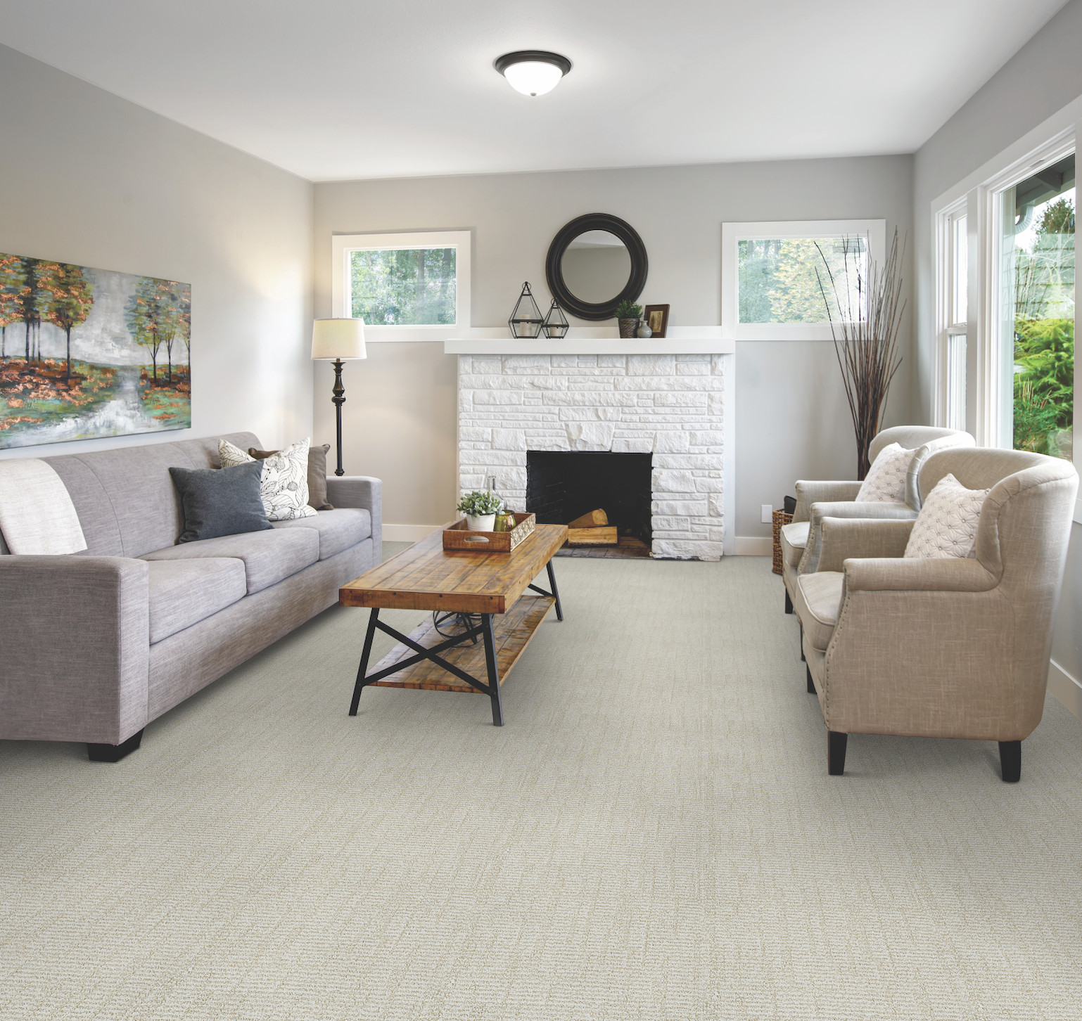 Room featuring a patterned carpet design